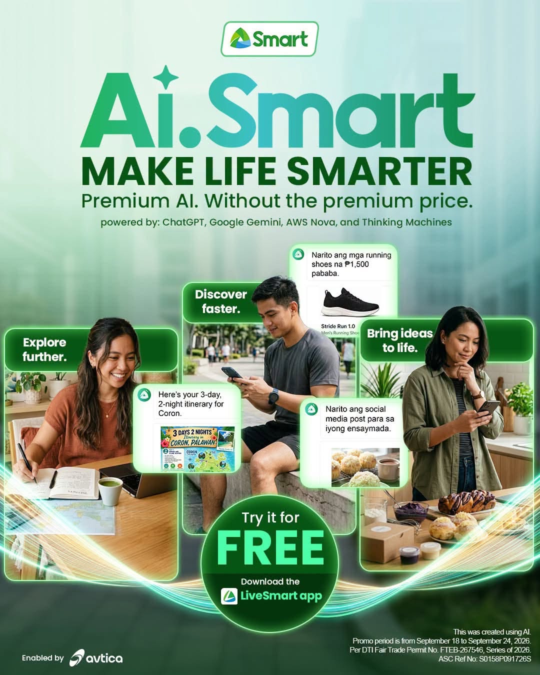 Ai.Smart campaign poster: 'Make life smarter, premium AI without the premium price,' showing three Filipino subscribers using the AI.Smart app on their phones for travel planning, shopping, and social media content.